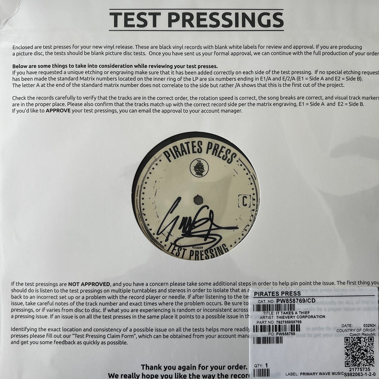 It Takes a Thief Vinyl Test Pressing